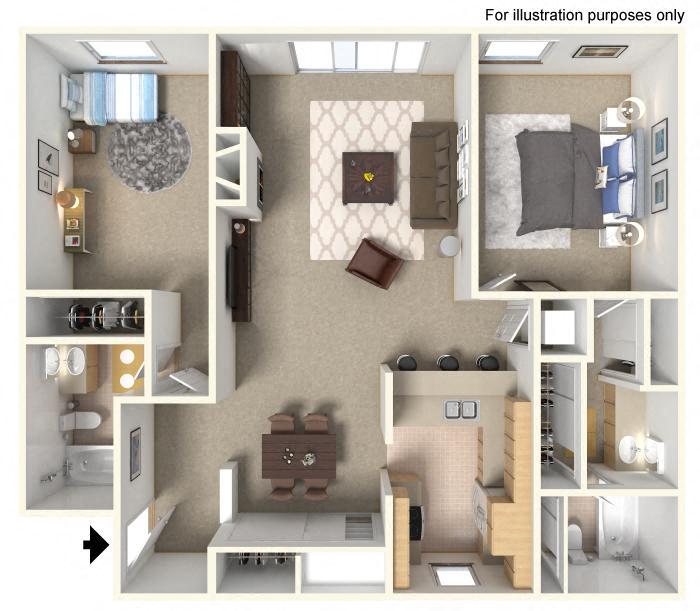 Floor plan for 2 beds, 2 baths, 1042 sqft